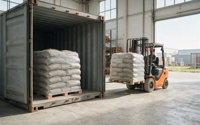 Palletised cement bags loaded into a container