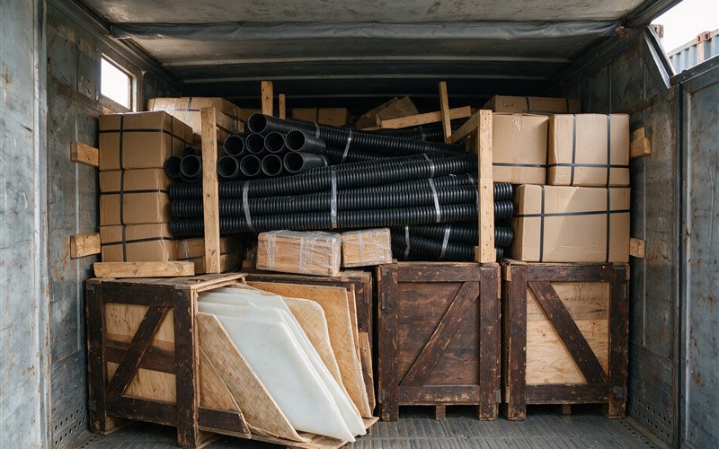 Mixed building materials braced inside a container
