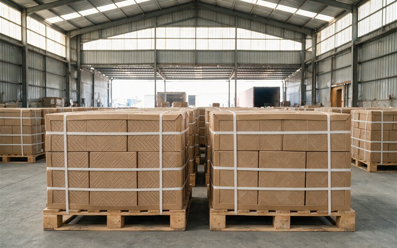 Palletised tile cartons ready for loading